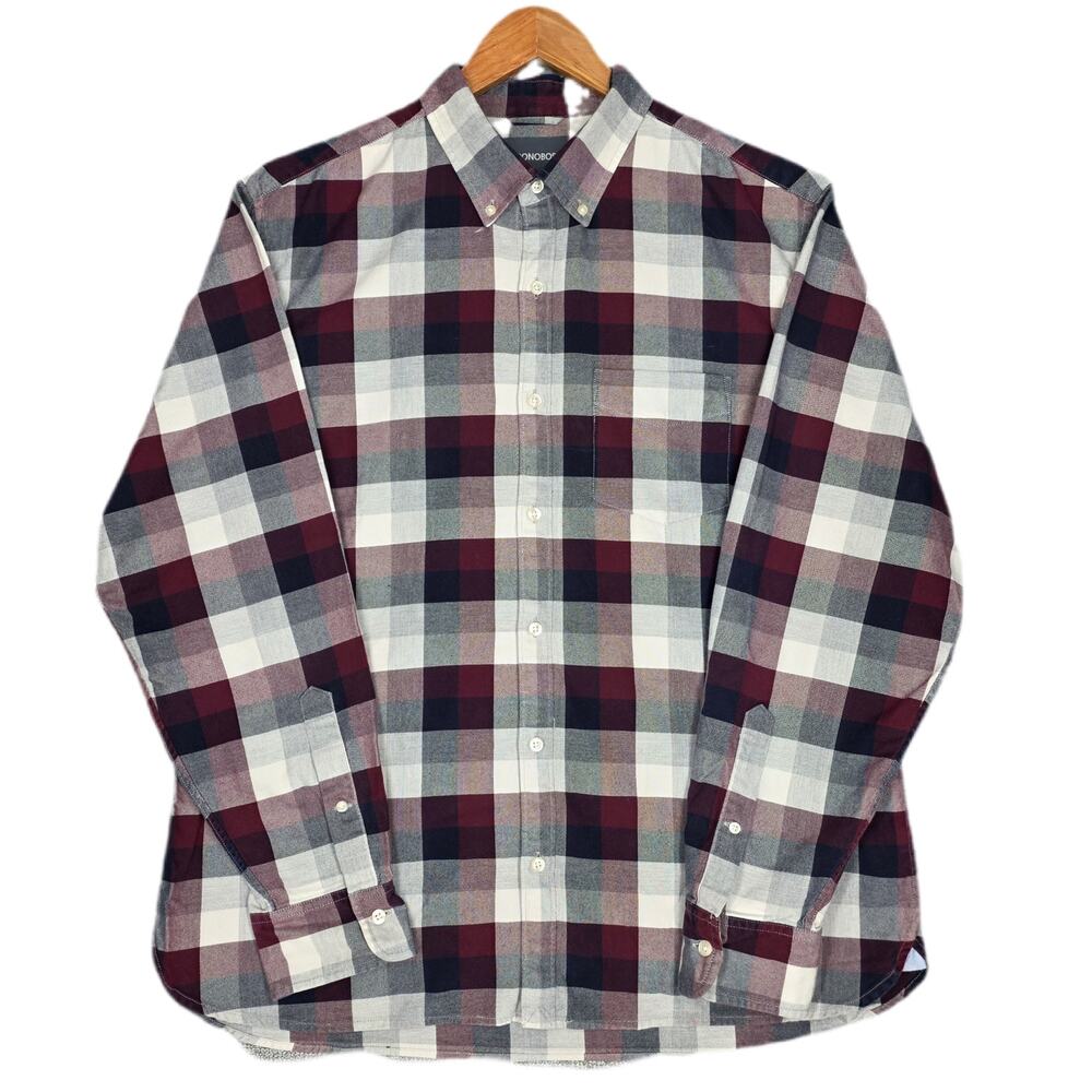 BONOBOS STANDARD FIT PLAID BUTTON‑DOWN LS SHIRT – GRAY/BURGUNDY/WHITE – MEN’S XL
